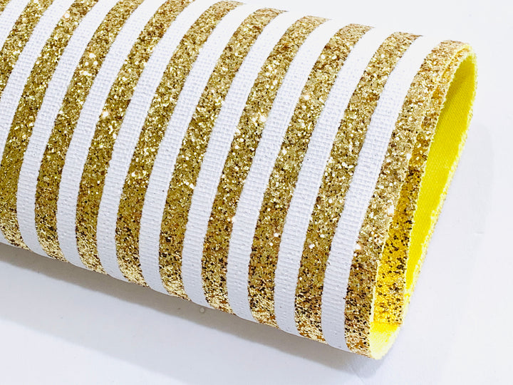 Gold & White Stripe Glitter Fabric 0.9mm A4 Sheets