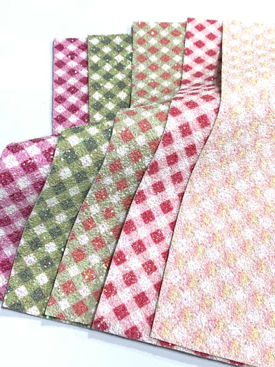 Coral Pink and White Plaid Chunky Glitter Fabric Sheet