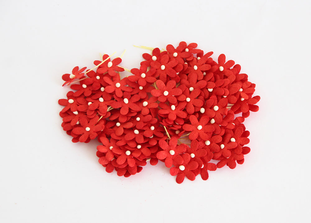 100 Pcs - Mulberry Paper Flowers - Tiny Flat Flowers - Red