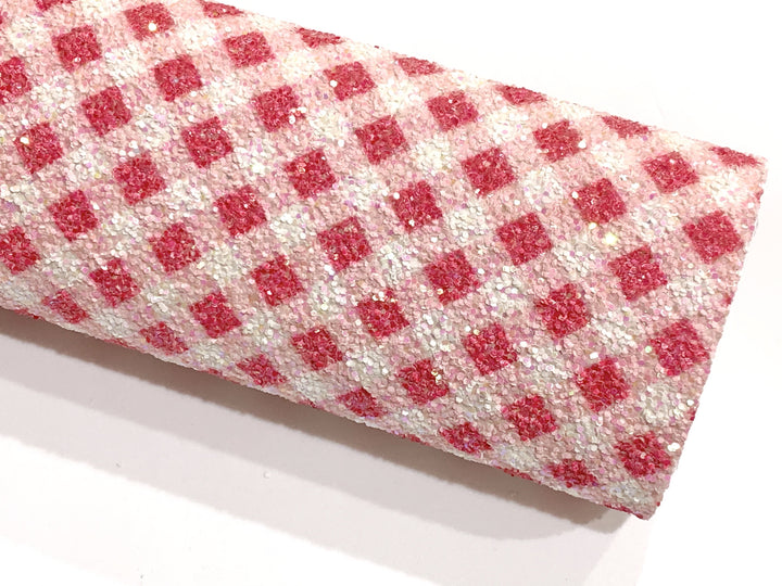 Feuille de tissu à grosses paillettes à carreaux rose corail et blanc