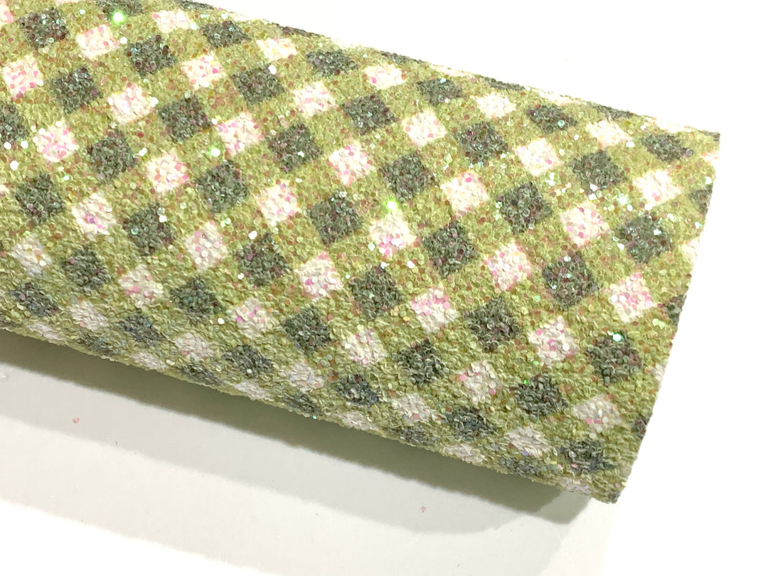 Feuille de tissu à grosses paillettes en vichy vert et blanc