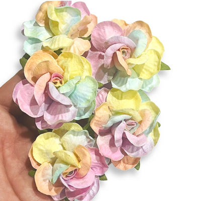 Pastel Rainbow Tea Roses Mulberry Paper Flowers 5cm