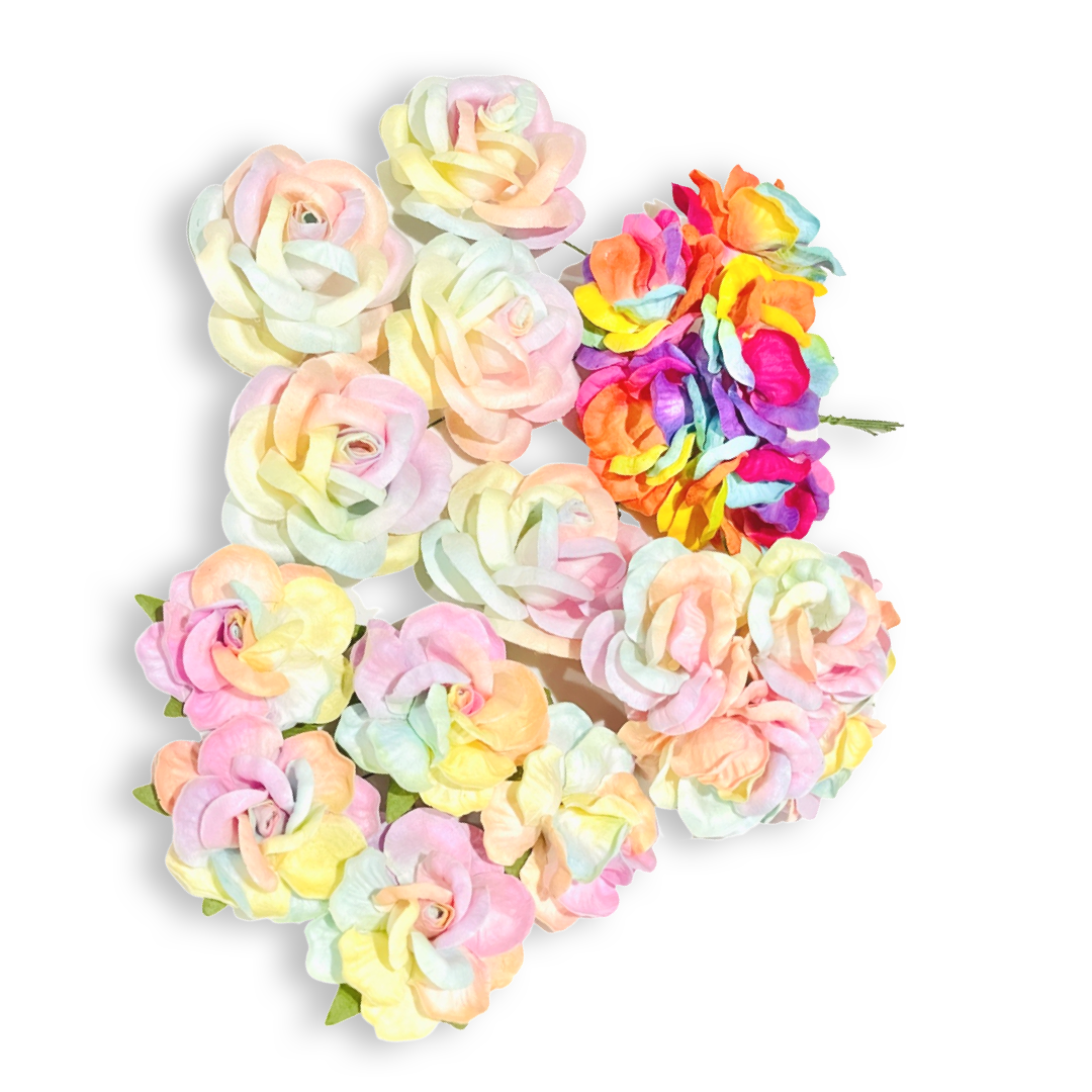 Roses de thé arc-en-ciel pastel, fleurs en papier de mûrier, 5cm