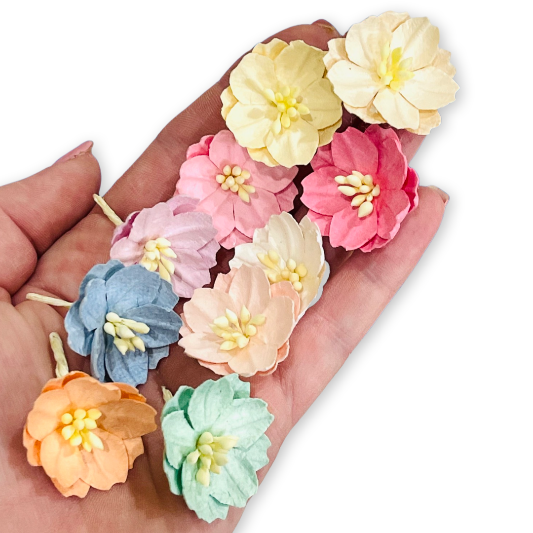 BULK 30 Pack Cotton Stem Mulberry Paper Flowers - Mixed Pastels