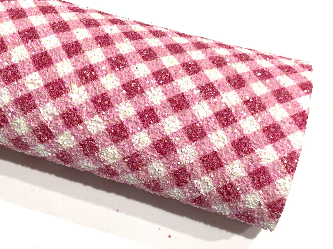 Magenta Pink and White Plaid Chunky Glitter Fabric Sheet