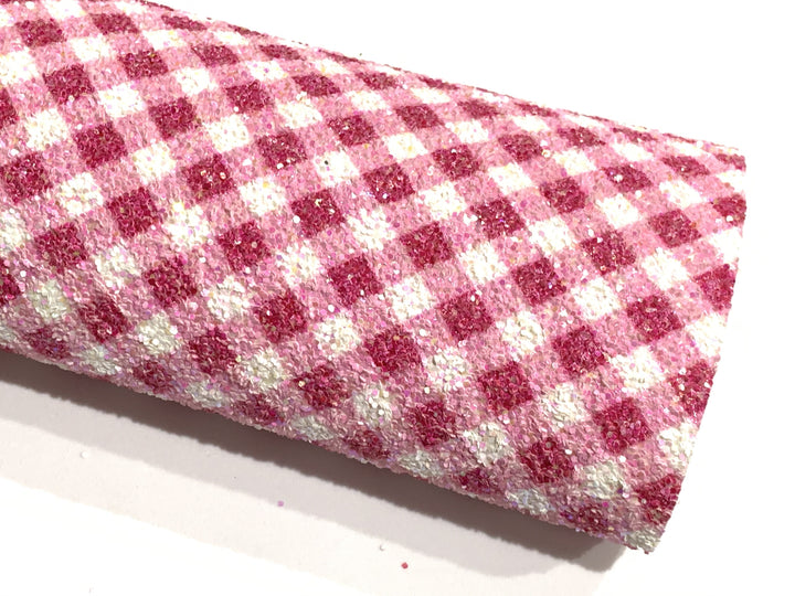 Feuille de tissu à grosses paillettes à carreaux rose magenta et blanc