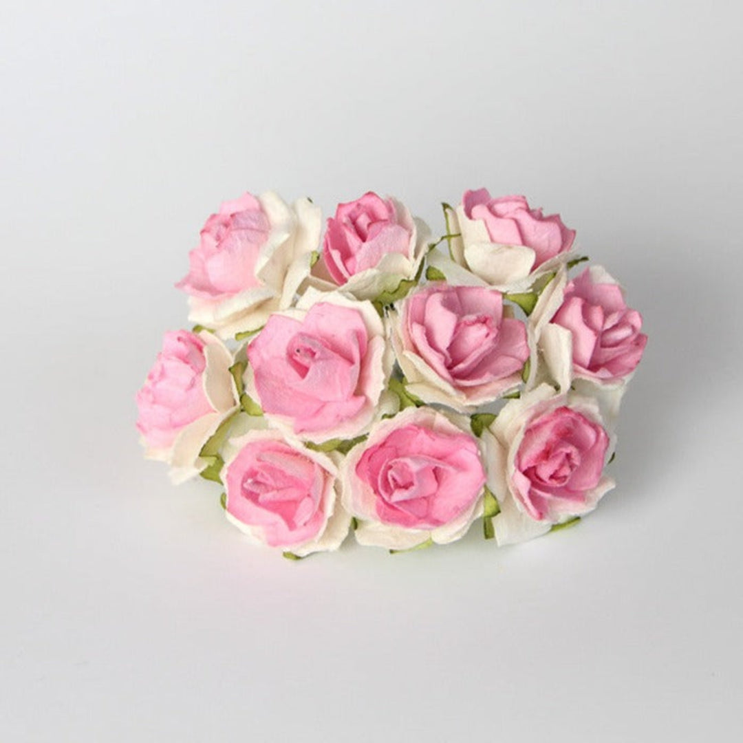 10 Pcs - Mulberry Paper Flowers - 2cm Tea Roses - Pink and White