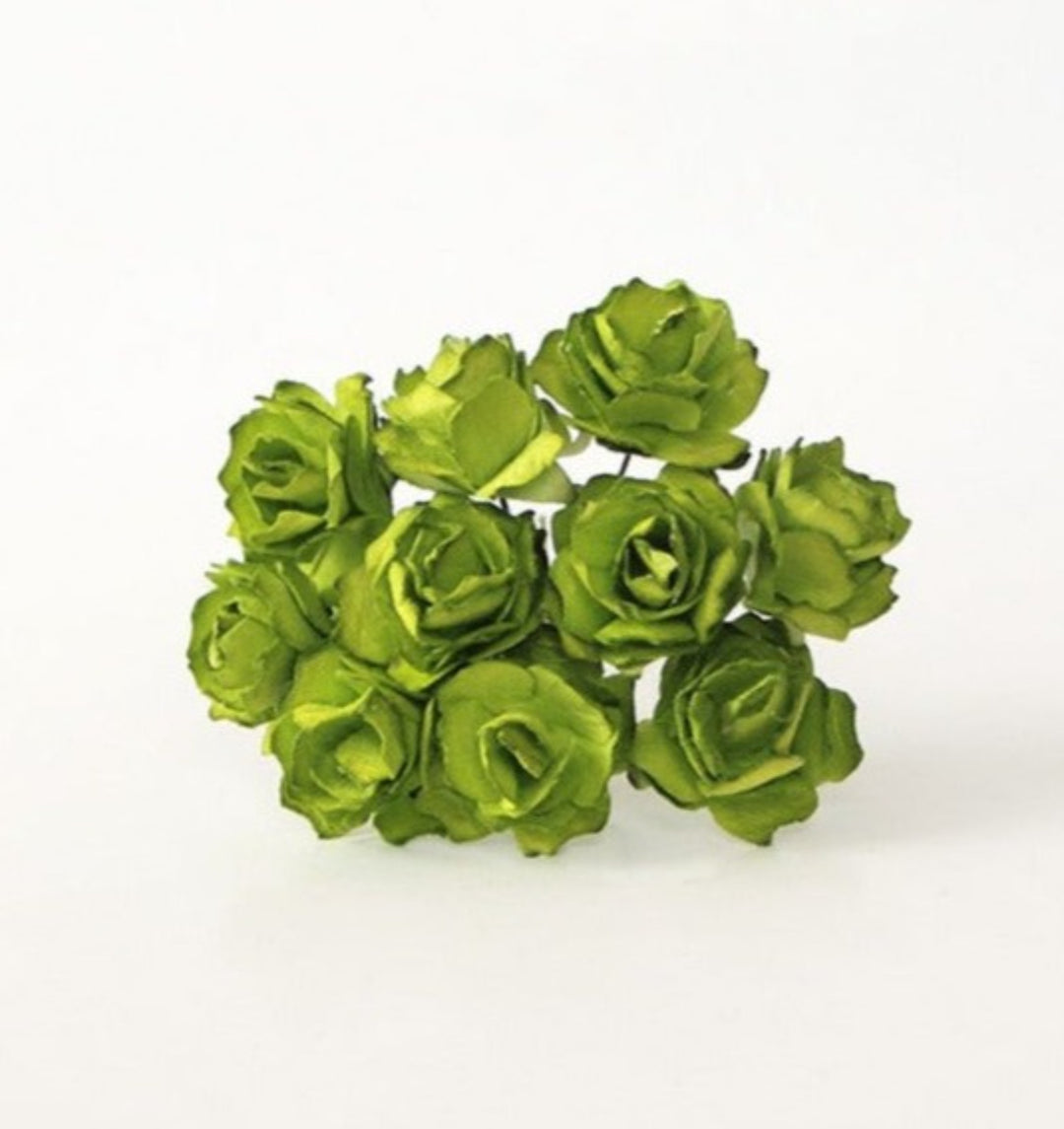 10 Pcs - Mulberry Paper Flowers - 2cm Tea Roses - Green