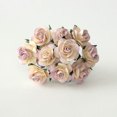10 Pcs - Mulberry Paper Flowers - 1.5cm Rounded Petal Roses - Cream and Soft Lilac
