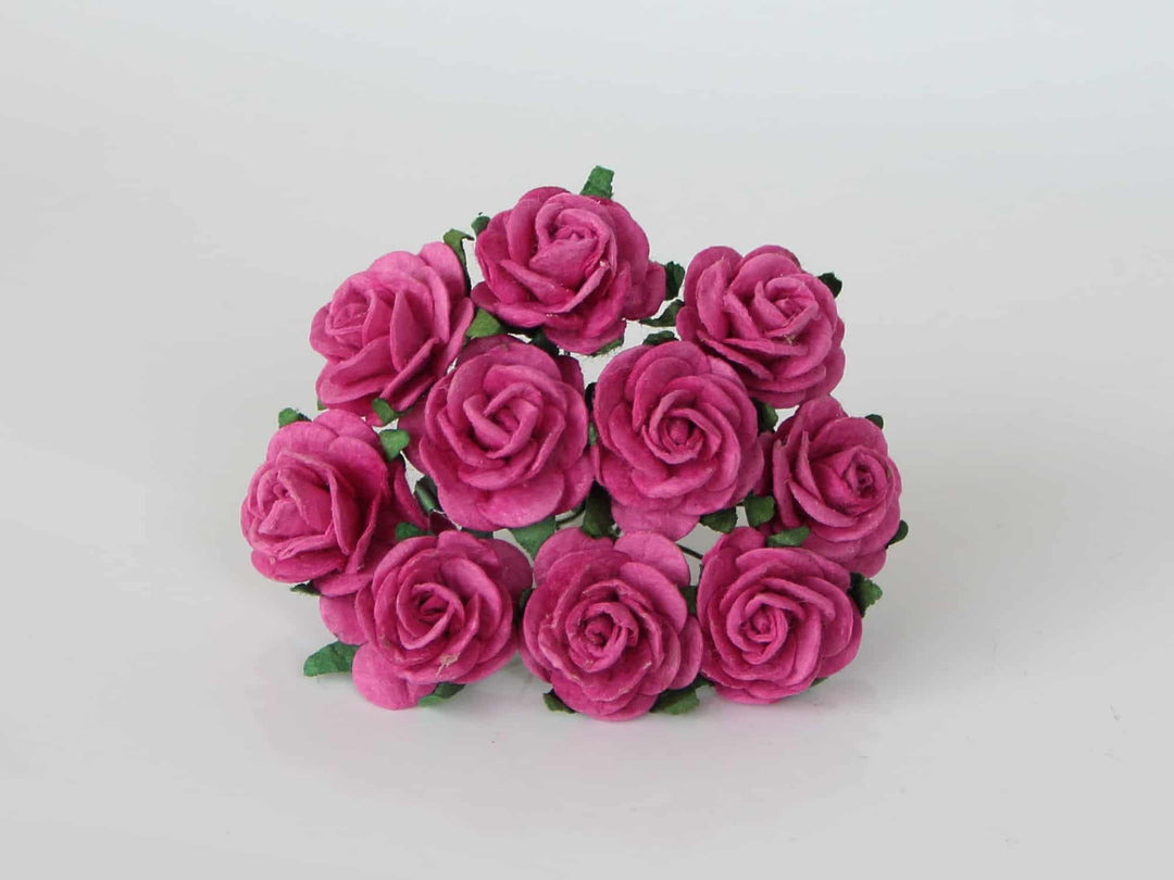 10 Pcs - Mulberry Paper Flowers - 2cm Rounded Petal Roses - Hot Pink