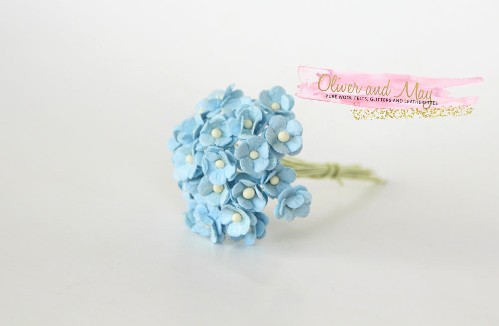 Bulk 25/50 Pack - Mulberry Paper Flowers - Mini 1cm Cherry Blossoms - Blue