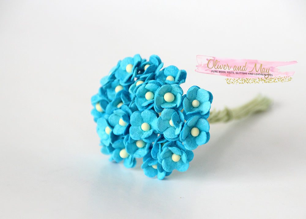 25pcs/ 50pcs Pack - Mulberry Paper Flowers - Mini 1cm Cherry Blossoms - Bright Blue