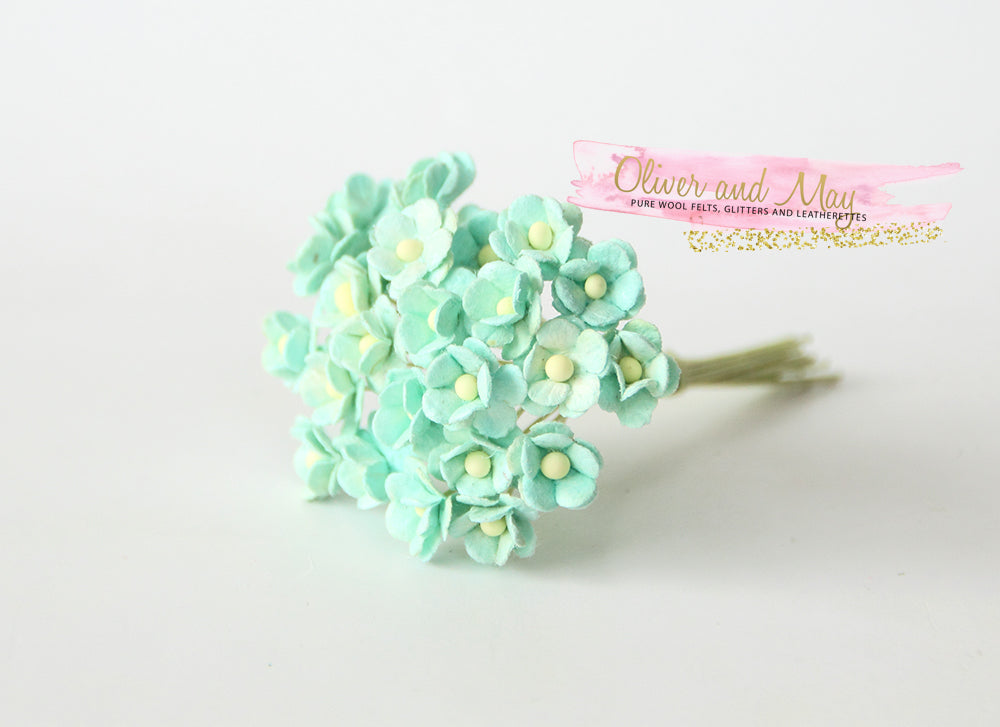 Bulk 50 Pack - Mulberry Paper Flowers - Mini 1cm Cherry Blossoms - Minty Green