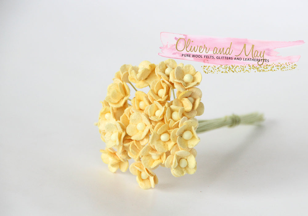 Bulk 25/50 Pack - Mulberry Paper Flowers - Mini 1cm Cherry Blossoms - Soft Yellow