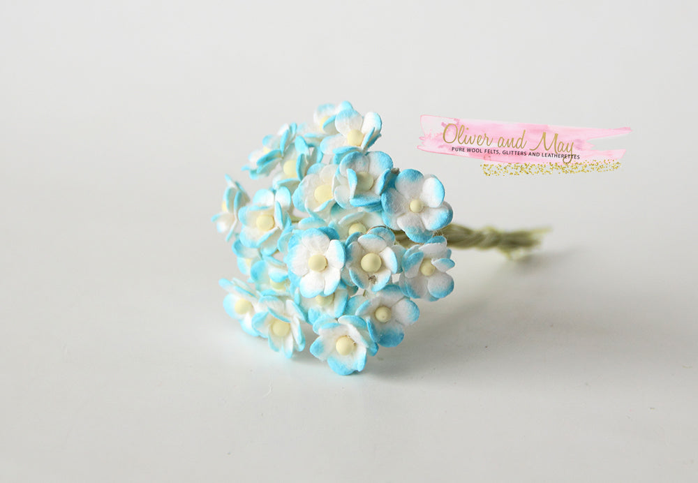 Bulk 50 Pack - Mulberry Paper Flowers - Mini 1cm Cherry Blossoms - Turquoise and White