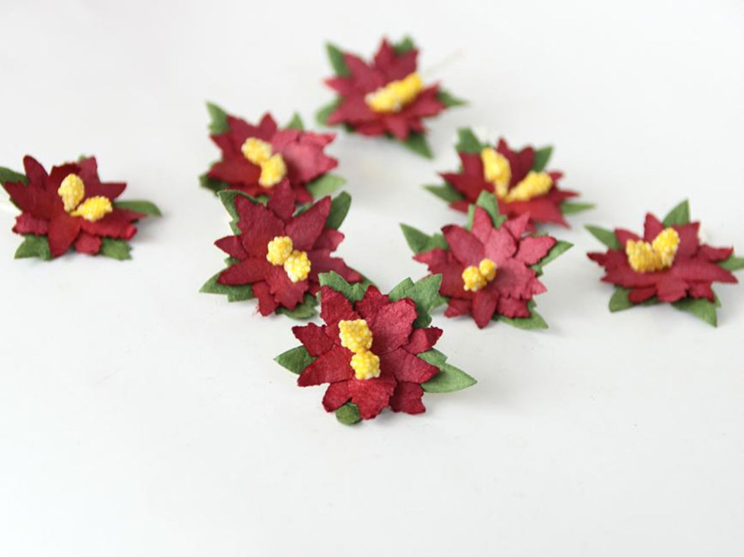 10 pcs Burgundy Poinsetta Mulberry Paper Flowers - Small 3cm