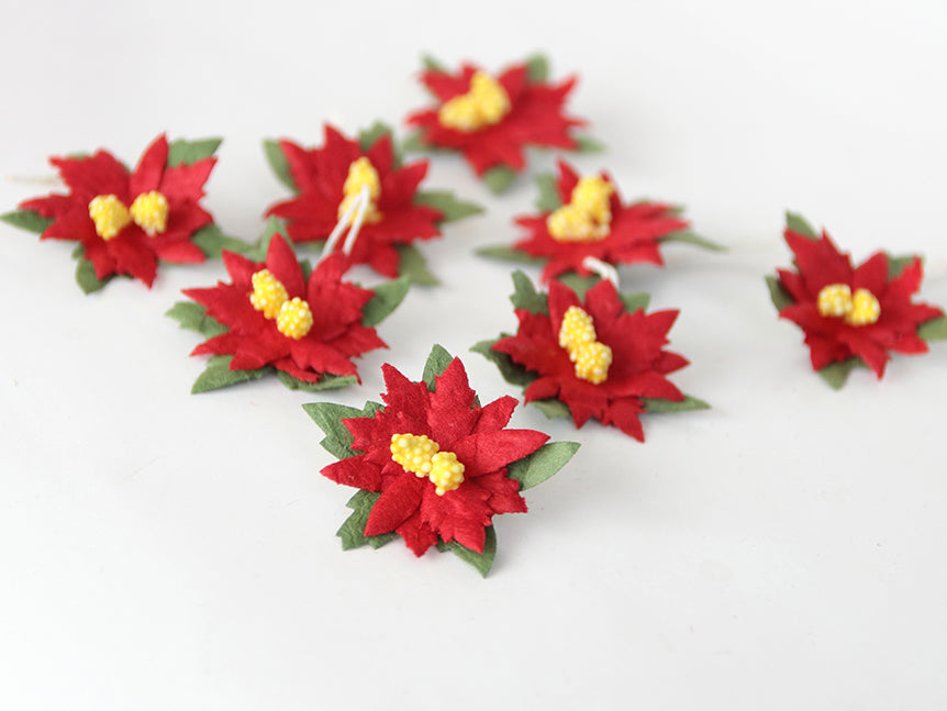10 Red Poinsetta - Mulberry Paper Flowers - Small 3cm