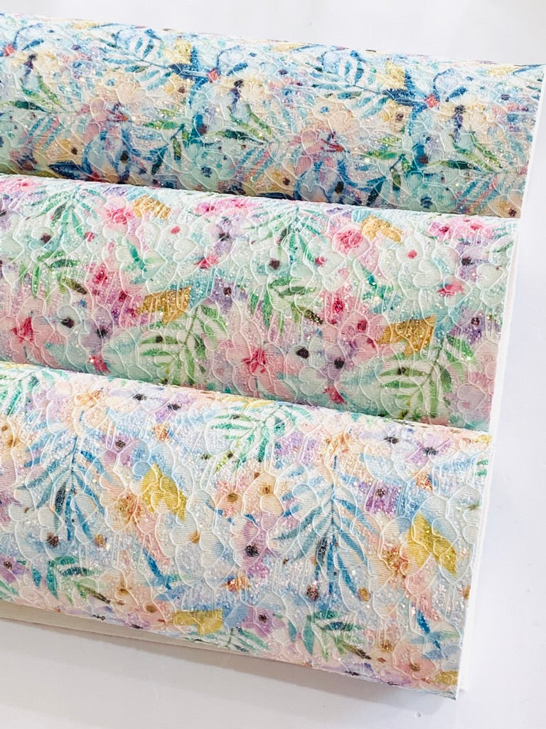 Summer Palm Floral Glitter Lace Fabric Sheet A4 - Glitter Aqua and Yellow