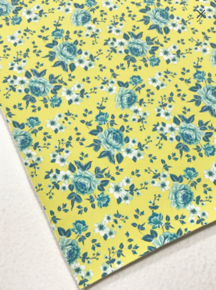 Chartreuse with Teal Floral Roses Soft Leatherette