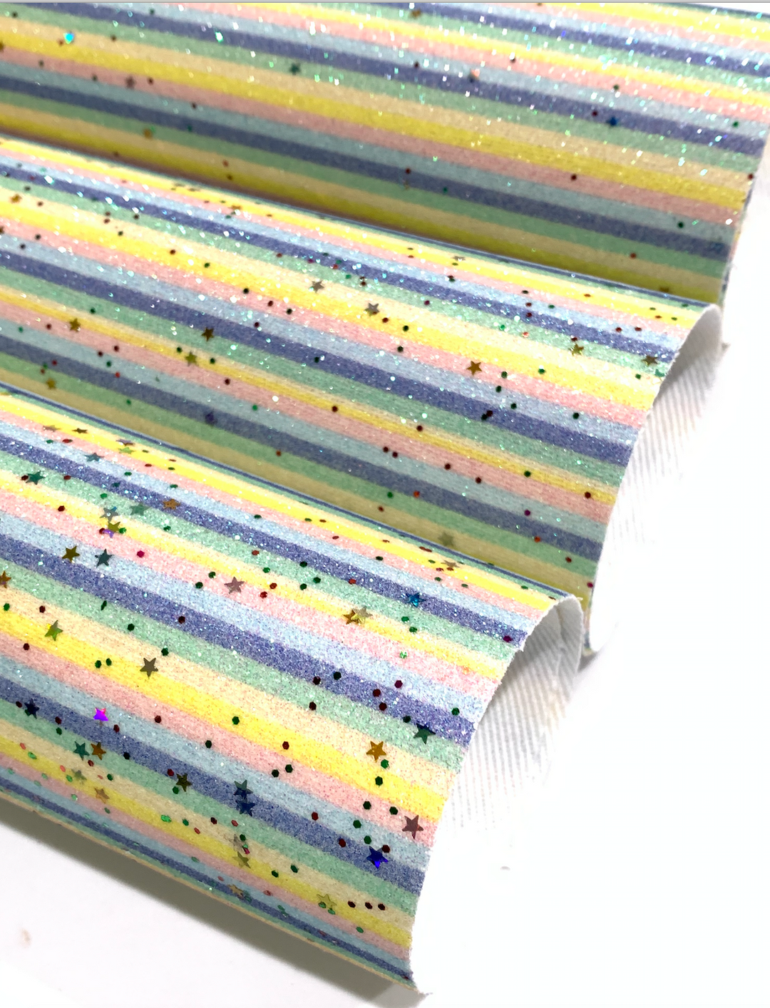Pastel Rainbow Stripes and Stars Fine Glitter Fabric