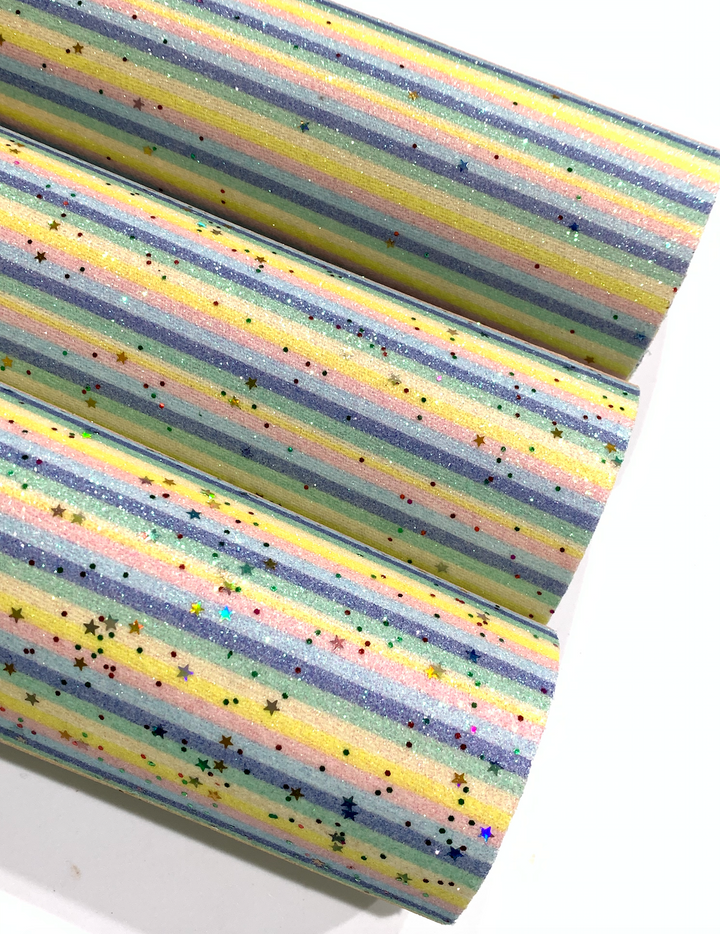 Pastel Rainbow Stripes and Stars Fine Glitter Fabric