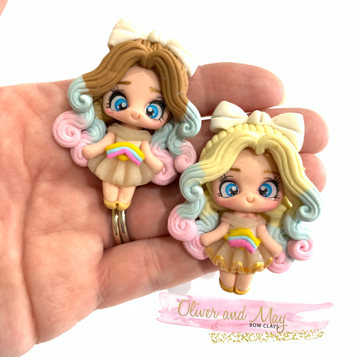 Rainbow Hair Girls Bow Clay Embellishments