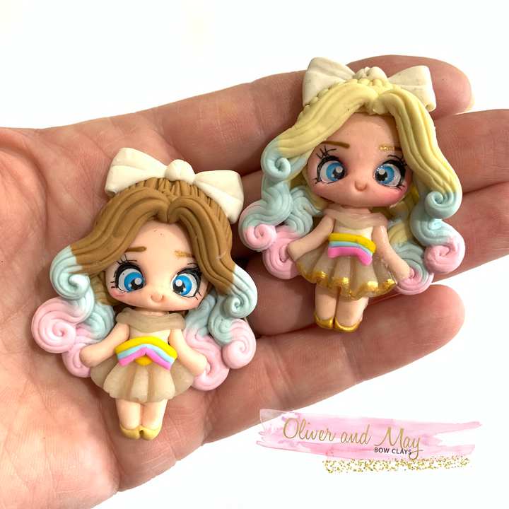 Rainbow Hair Girls Bow Clay Embellishments