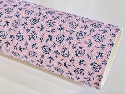 Lilac Rose Chunky Glitter Fabric - Matte Lilac Pink with Navy Rose Print