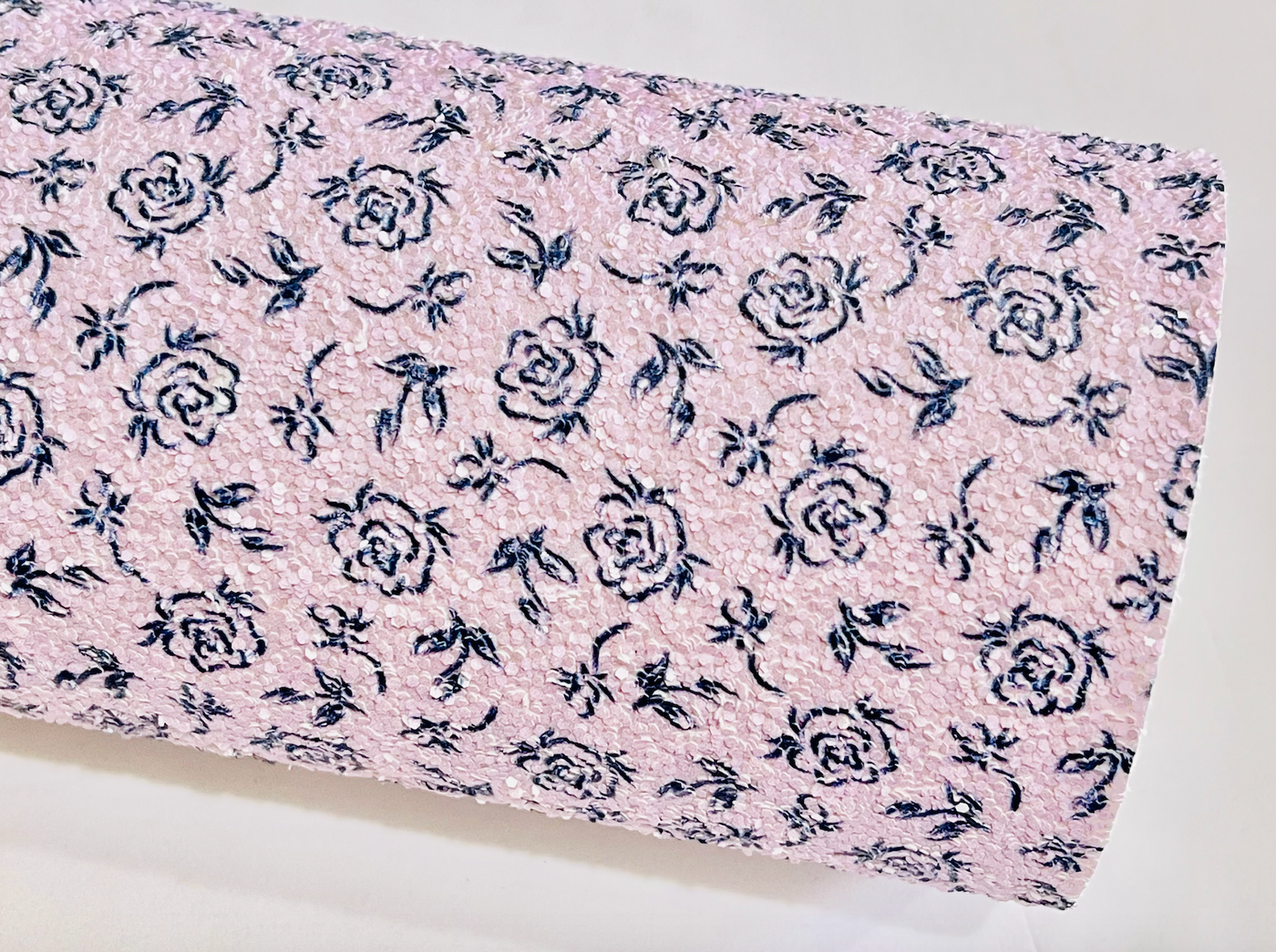 Lilac Rose Chunky Glitter Fabric - Matte Lilac Pink with Navy Rose Print
