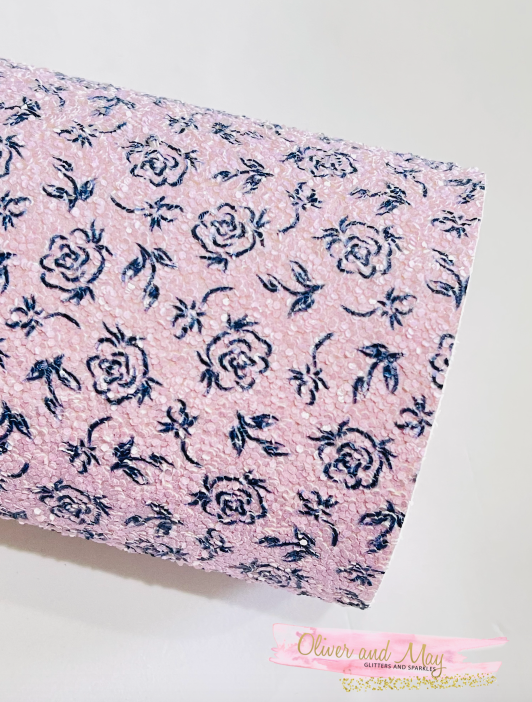 Lilac Rose Chunky Glitter Fabric - Matte Lilac Pink with Navy Rose Print