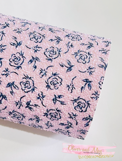 Lilac Rose Chunky Glitter Fabric - Matte Lilac Pink with Navy Rose Print