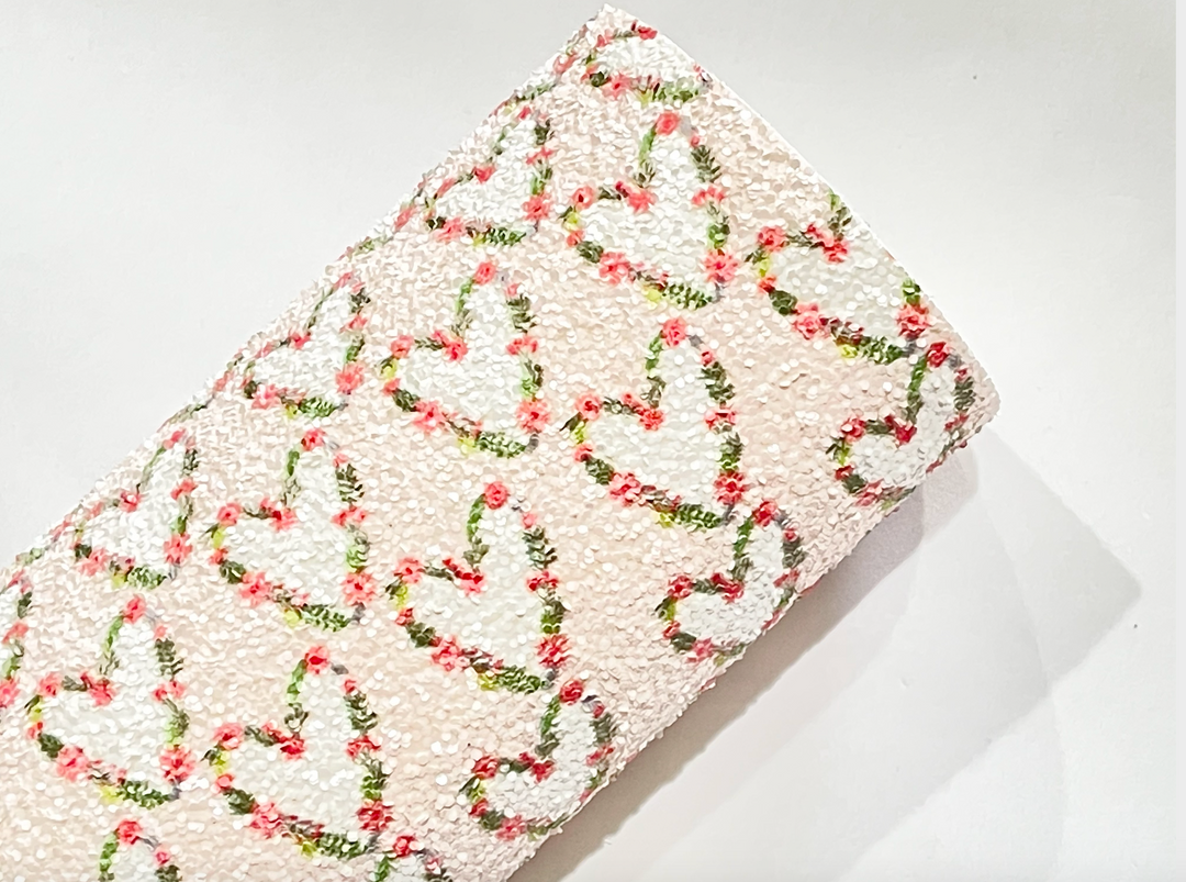 Floral Heart Baby Pink Chunky Glitter Fabric Sheet