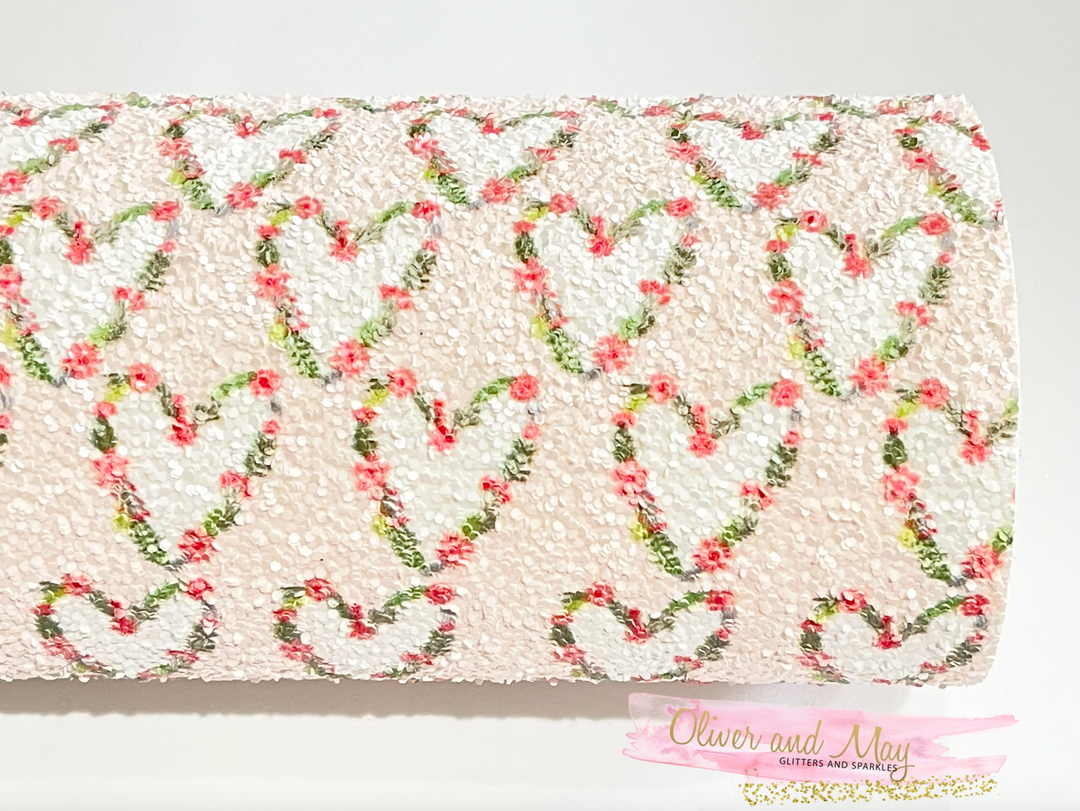 Floral Heart Baby Pink Chunky Glitter Fabric Sheet