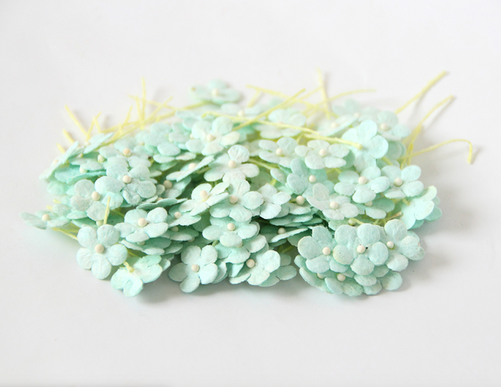 100 Pcs - Mulberry Paper Flowers - Tiny Flat Flowers - Ice Mint
