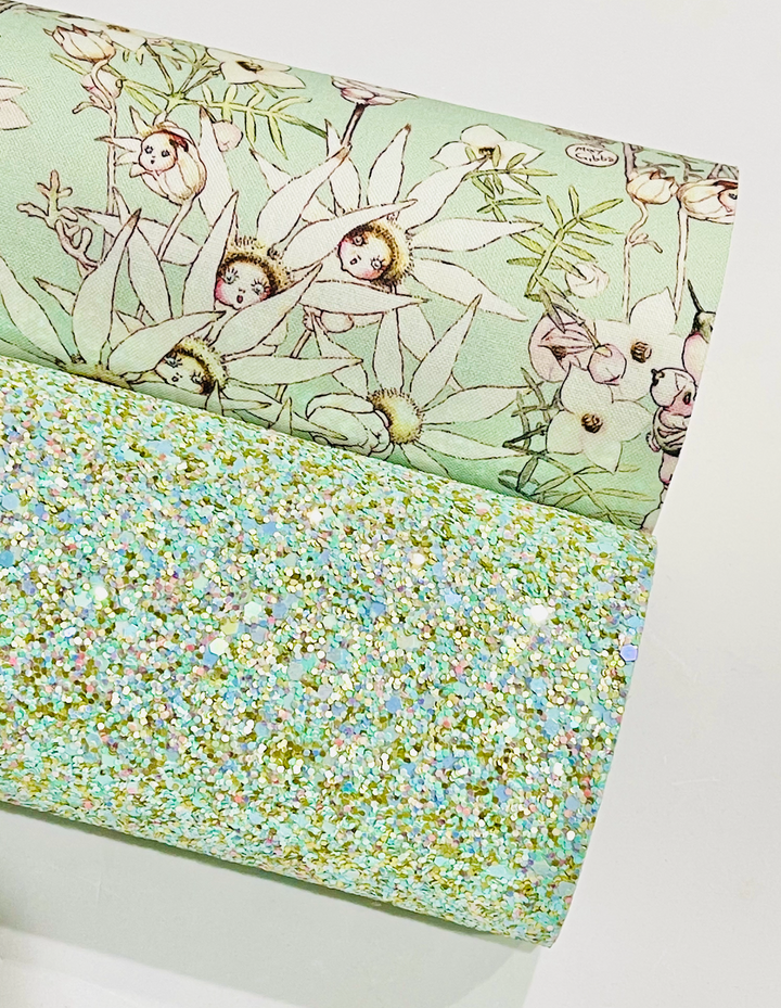 May Gibbs Pastel Mint Flannel Flowers Fabric Felt -  Backed in Wool Felt