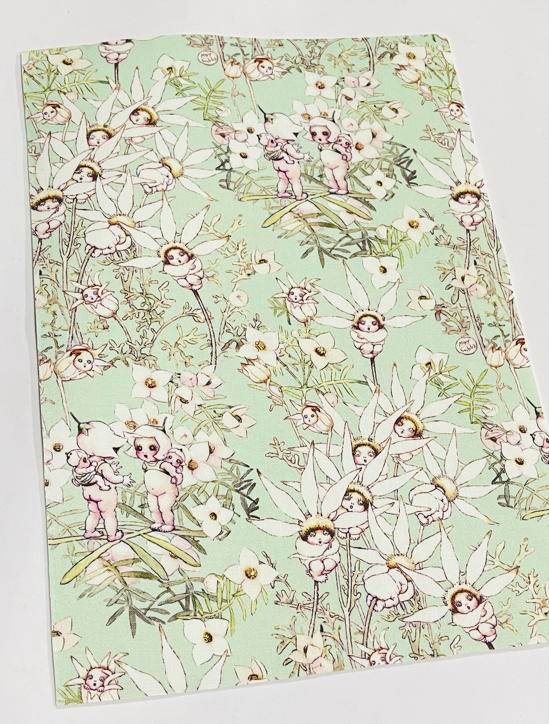 May Gibbs Pastel Mint Flannel Flowers Fabric Felt -  Backed in Wool Felt