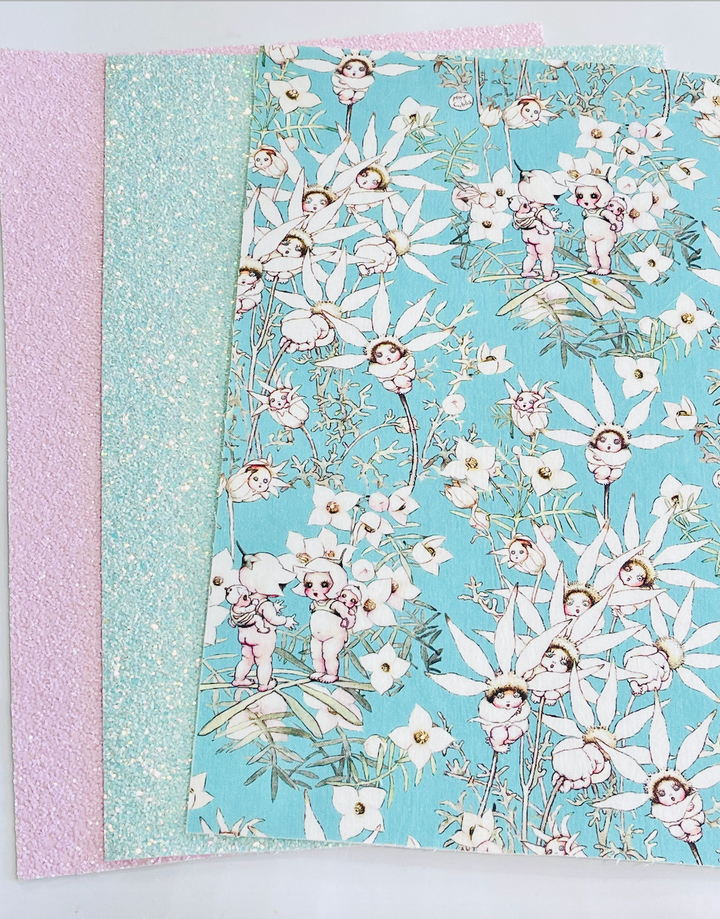May Gibbs 3 Sheet Bundle - Bright Mint Flannel Flowers Fabric Felt -  Backed in Wool Felt