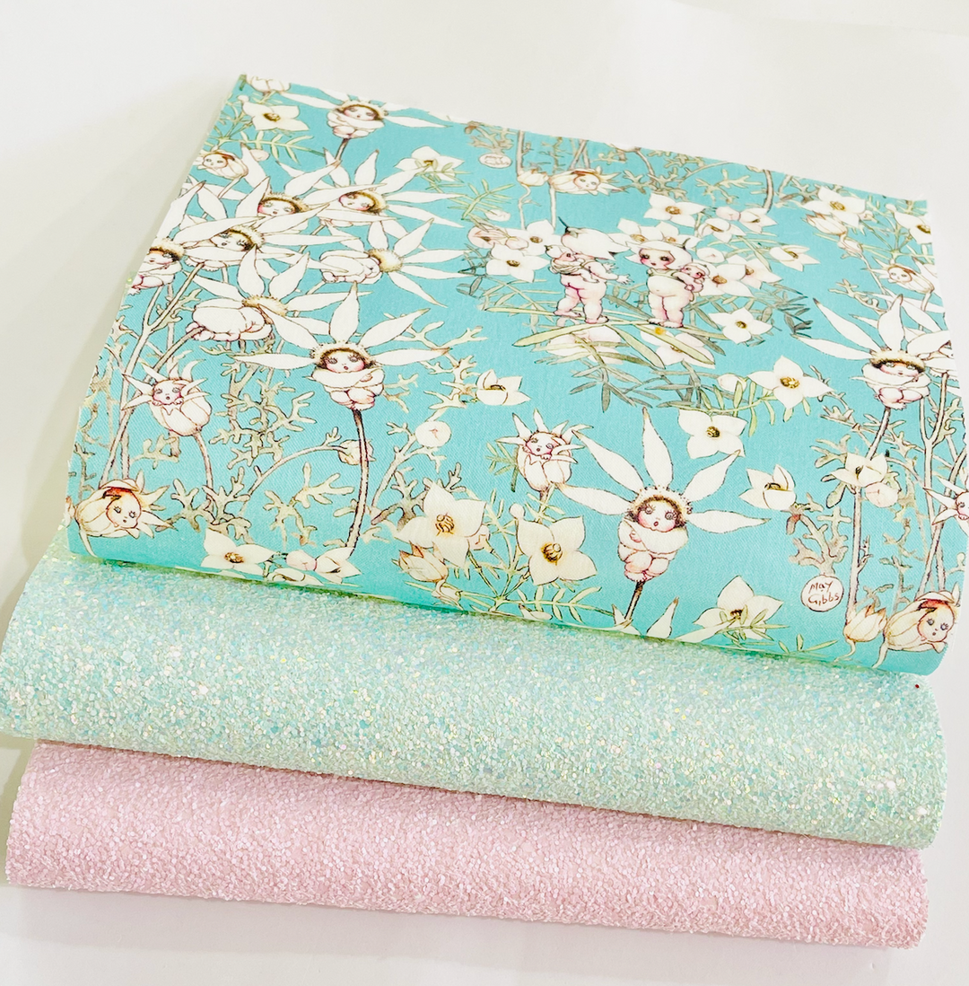 May Gibbs 3 Sheet Bundle - Bright Mint Flannel Flowers Fabric Felt -  Backed in Wool Felt