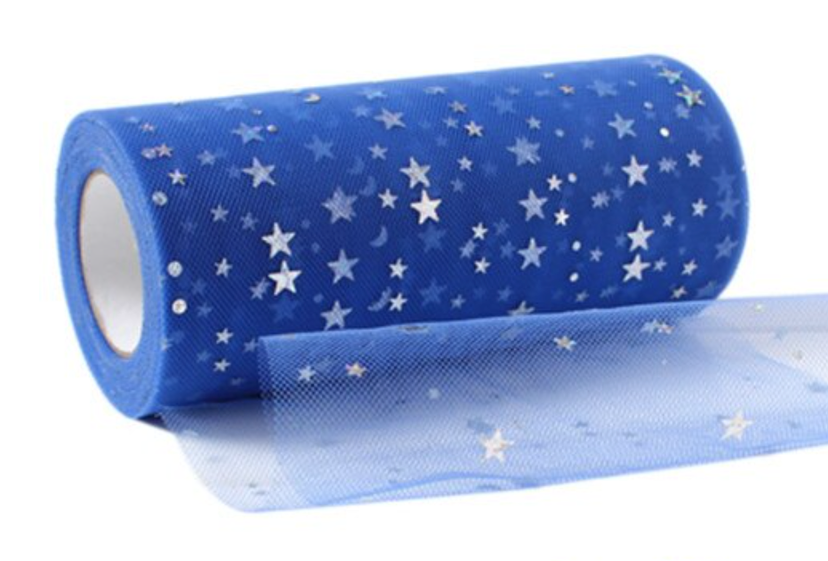 Royal Blue with Silver Sequin Stars Glitter Tulle 15cm x 5 Yard LOT