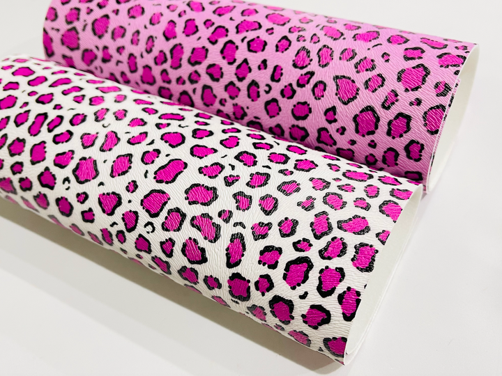 White and Pink Leopard Faux Leather Fabric