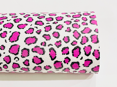 White and Pink Leopard Faux Leather Fabric