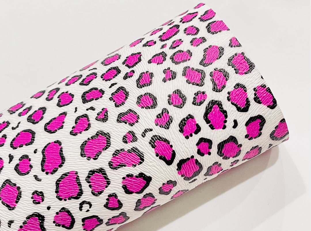 White and Pink Leopard Faux Leather Fabric