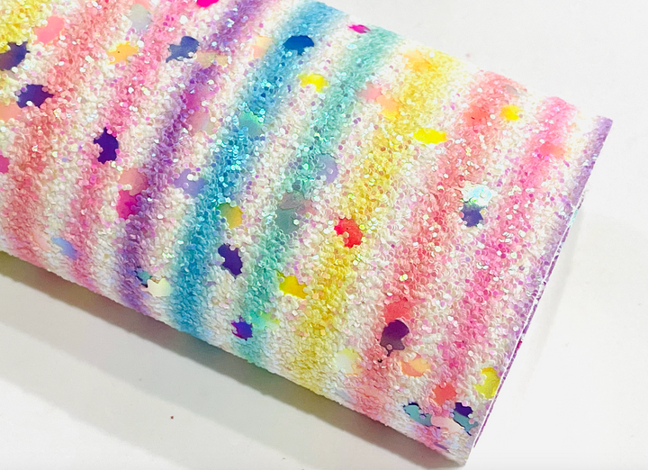 Chunky Rainbow Striped Confetti Glitter Leather with white felt rear