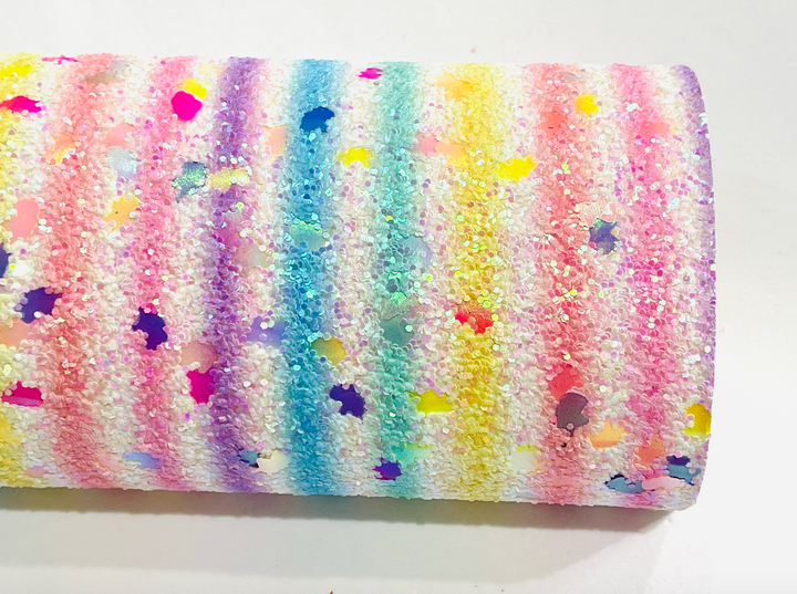 Chunky Rainbow Striped Confetti Glitter Leather with white felt rear