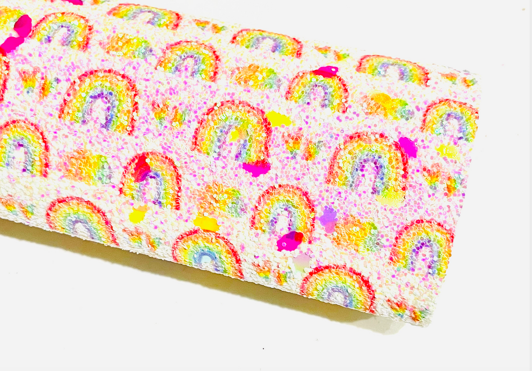 Marshmallow White Rainbow Multicoloured Chunky Glitter fabric