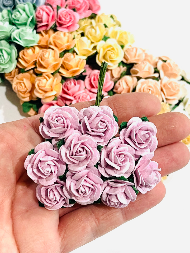 Lot de 100 roses ouvertes en papier de mûrier pastel mélangé de 25 mm (10 tiges par couleur)