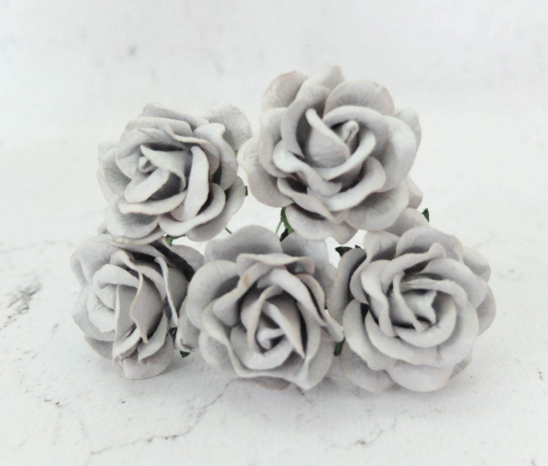 35mm Silver Grey Mulberry Paper Roses - Lots of 5