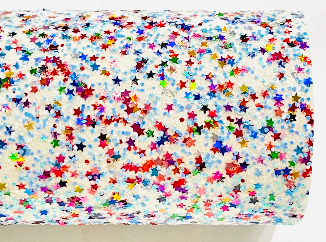 Cuir pailleté étoiles arc-en-ciel bleu et blanc