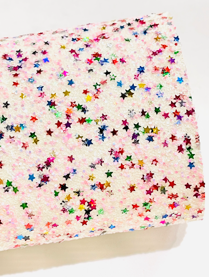 Light Pink and White Rainbow Stars Glitter Leather