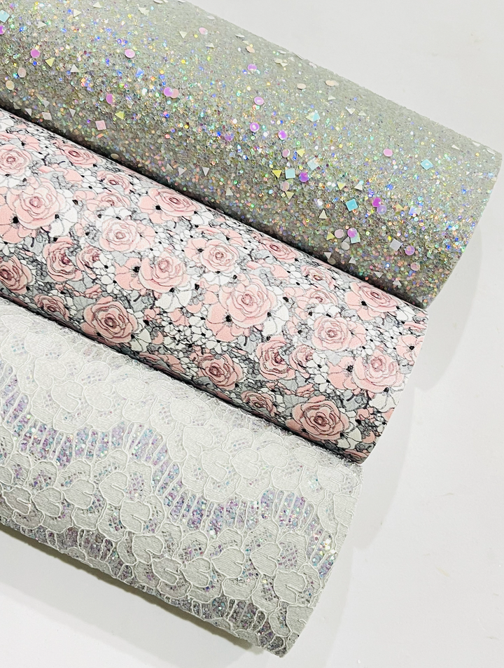 Pink and Grey Floral Glitter Leather Trio Bundle